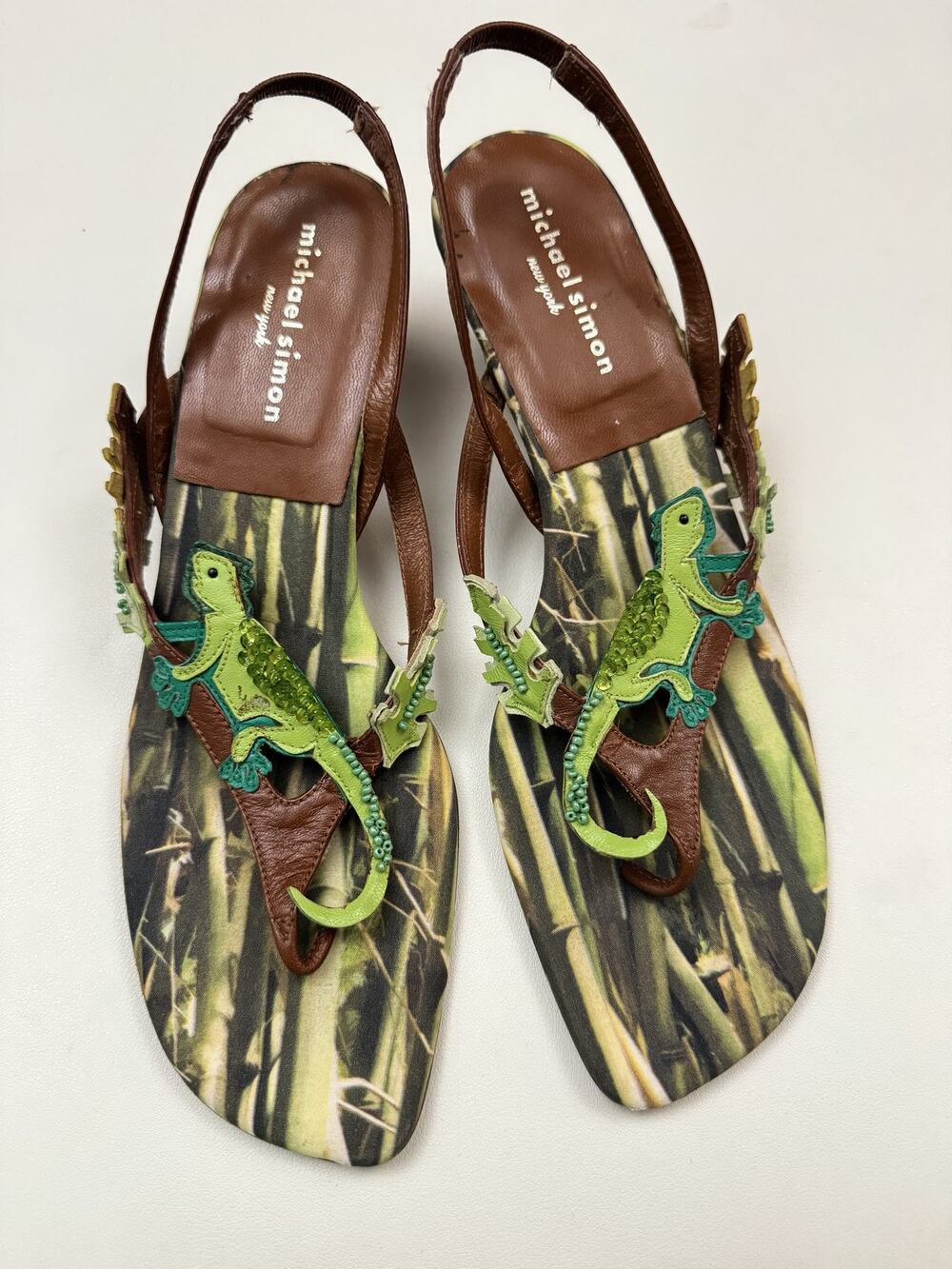 Michael Simon Sandals 8.5 Lizard Gecko Beaded Leather Jungle Y2K Spain Heels